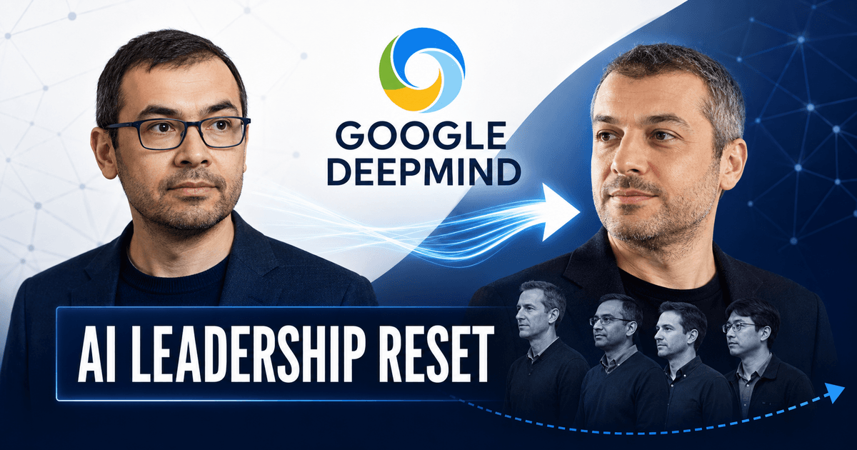 Google DeepMind의 Demis Hassabis와 Koray Kavukcuoglu 사이 리더십 이관, Discovery Loop 창업진을 함께 보여주는 뉴스 이미지