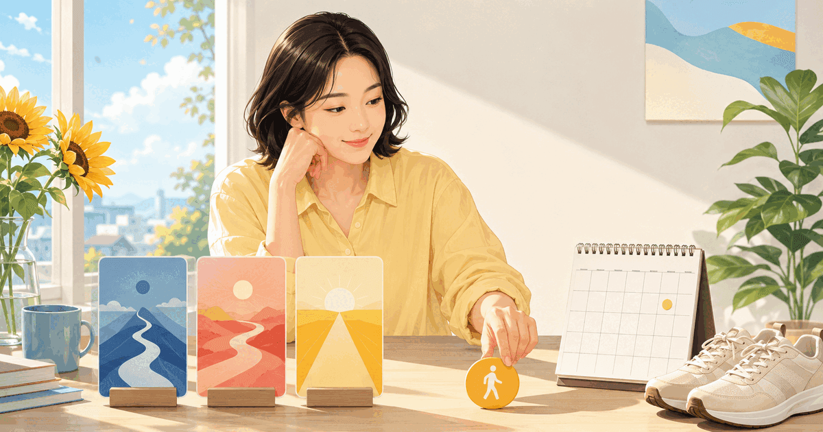 서로 다른 운세 카드에서 공통된 실천 한 가지를 고르는 아침 장면