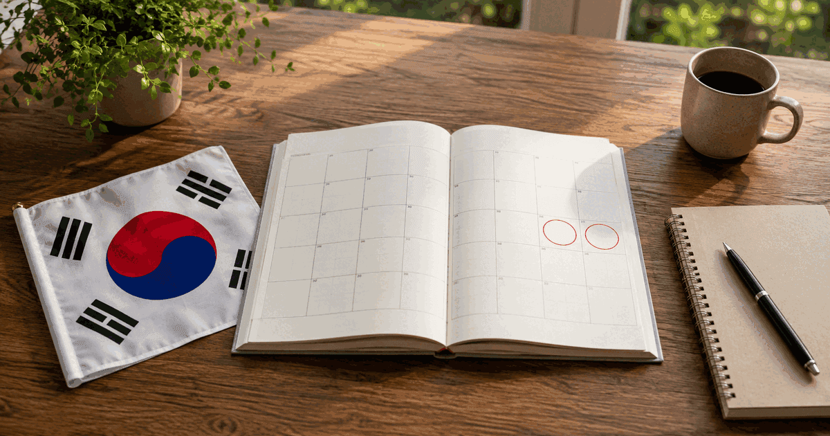 8월 달력과 책상 위 휴무 계획표를 살펴보는 장면