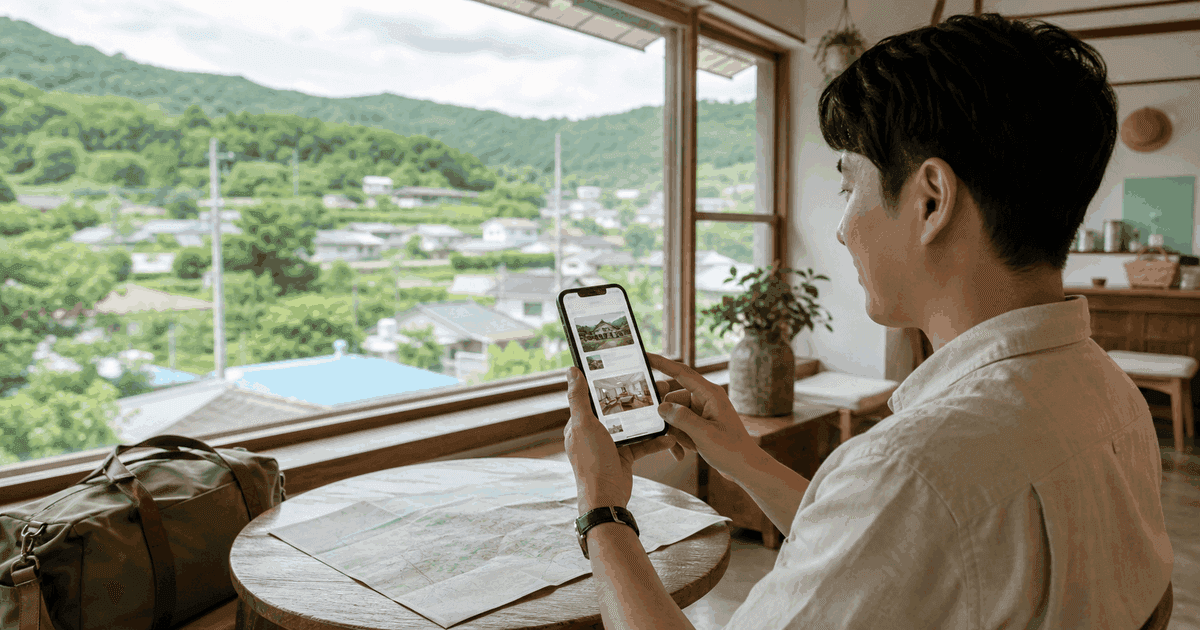 지역 여행을 준비하며 휴대전화로 숙소를 살펴보는 여행자