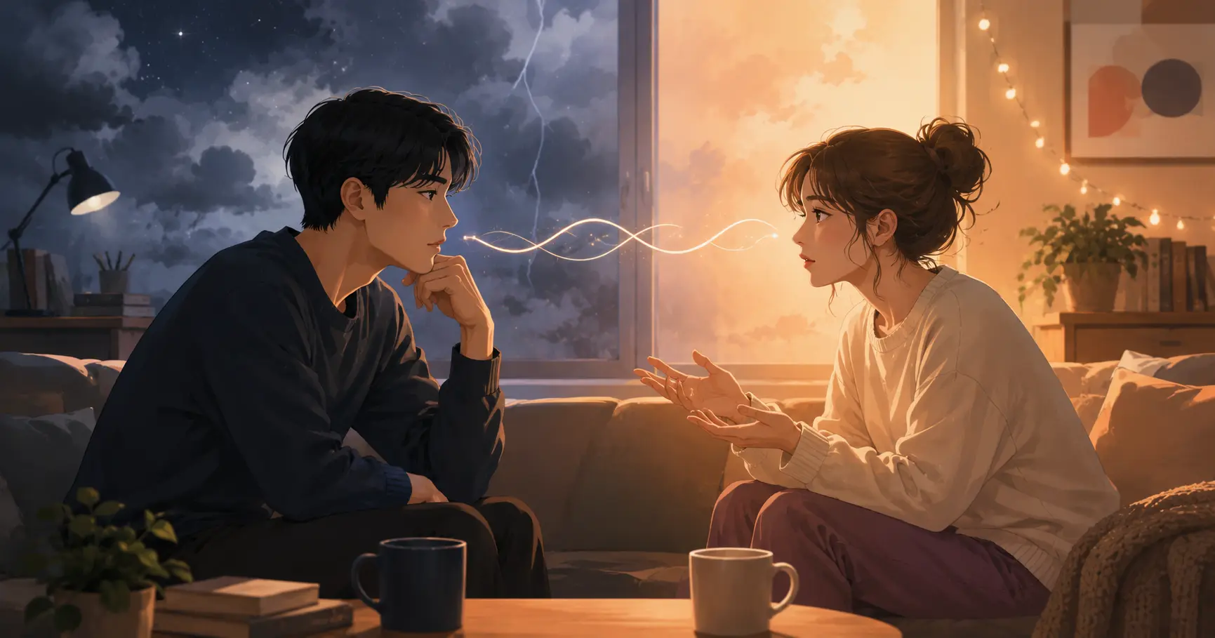 자유로운 감정 표현과 안정적인 현실 기준이 관계 안에서 부딪히는 모습을 표현한 일러스트