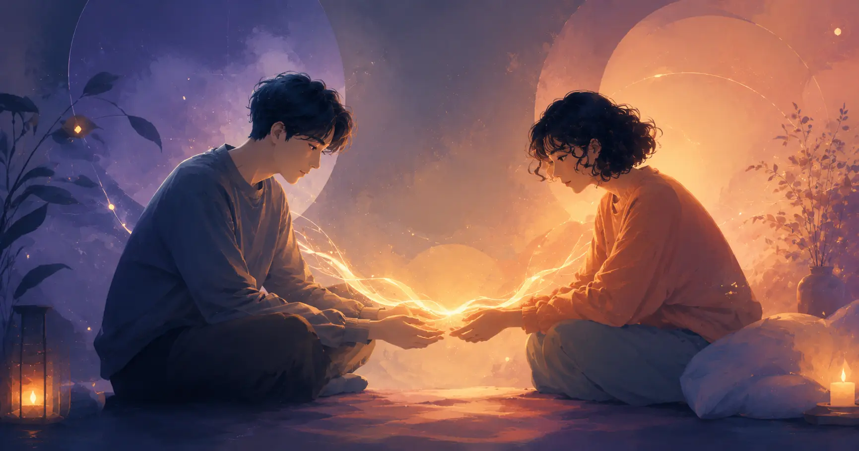 싸운 뒤 서로의 마음을 조심스럽게 다시 연결하는 화해의 순간을 표현한 일러스트