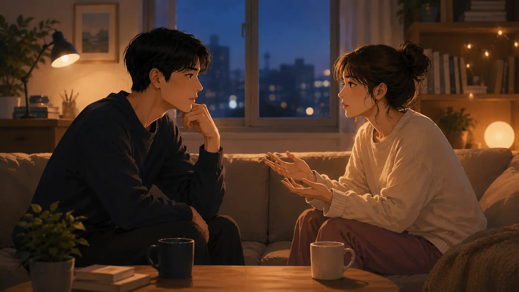 분석적인 사고와 결론 중심의 대화 방식이 충돌하는 모습을 표현한 일러스트