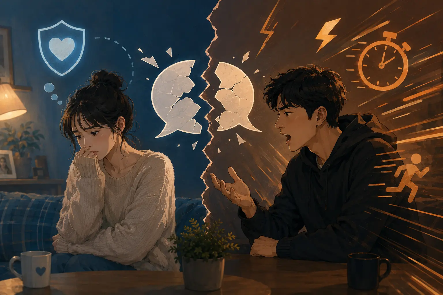조심스러운 배려와 직선적인 행동 에너지가 갈등 상황에서 부딪히는 모습을 표현한 일러스트